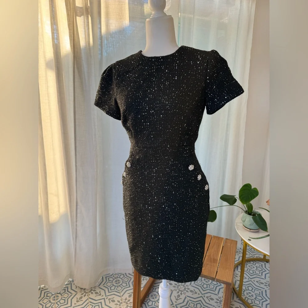 Ann Taylor Sparkle Sequin Tweed Sheath Dress Black Size 0 — Button Trim - Picture 2 of 9